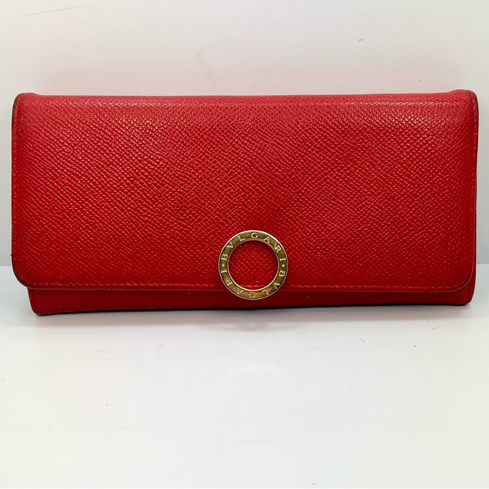 BVLGARI B.ZERO Red w/Gold Hardware Leather Long Wallet with chain